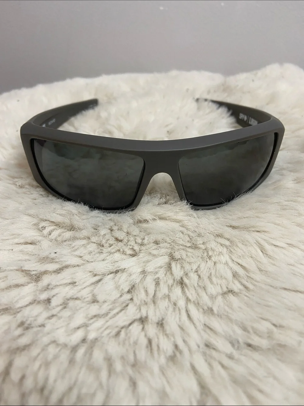 SPY Matte Gray Wraparound Sunglasses with Dark Lenses